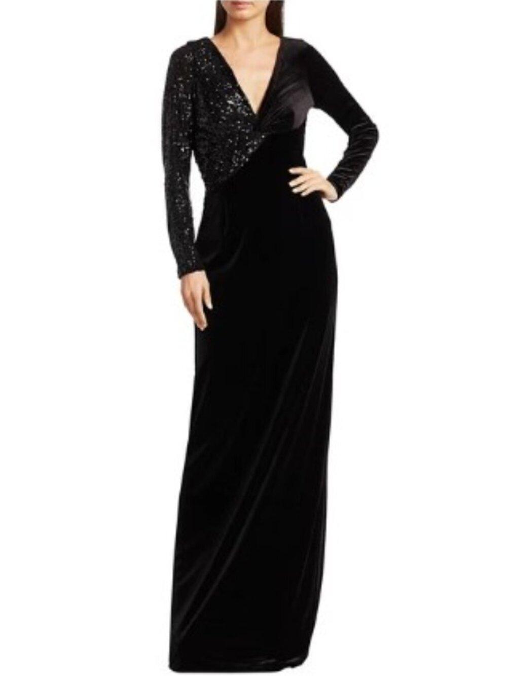 Teri Jon by Rickie Freeman Black Stretch-Velvet Sequin Gown